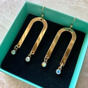 U Shaped Gold Drop Earrings with AB Glass Charm